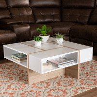 Baxton Studio CT8004-White/Oak-CT Rasa Modern and Contemporary Two-Tone White and Oak Finished Wood Coffee Table